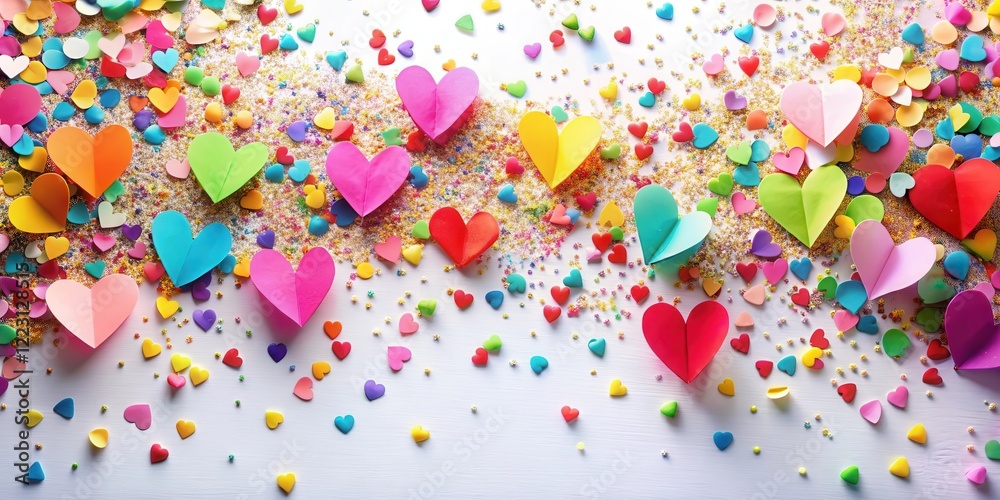 Colorful paper hearts scattered on a white background with confetti overlay and delicate sparkles , confetti poppers, festive ambiance Colorful paper hearts scattered on a white background with confetti overlay and delicate sparkles , confetti poppers, festive ambiance