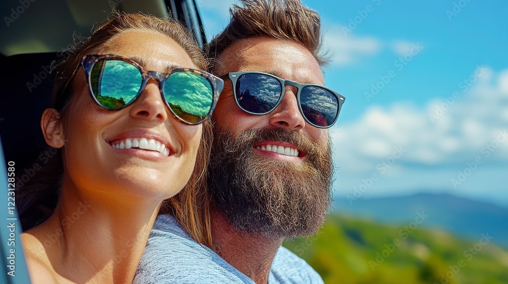 Happy Couple Enjoying Scenic Drive with Sunglasses in Sunlight Happy Couple Enjoying Scenic Drive with Sunglasses in Sunlight