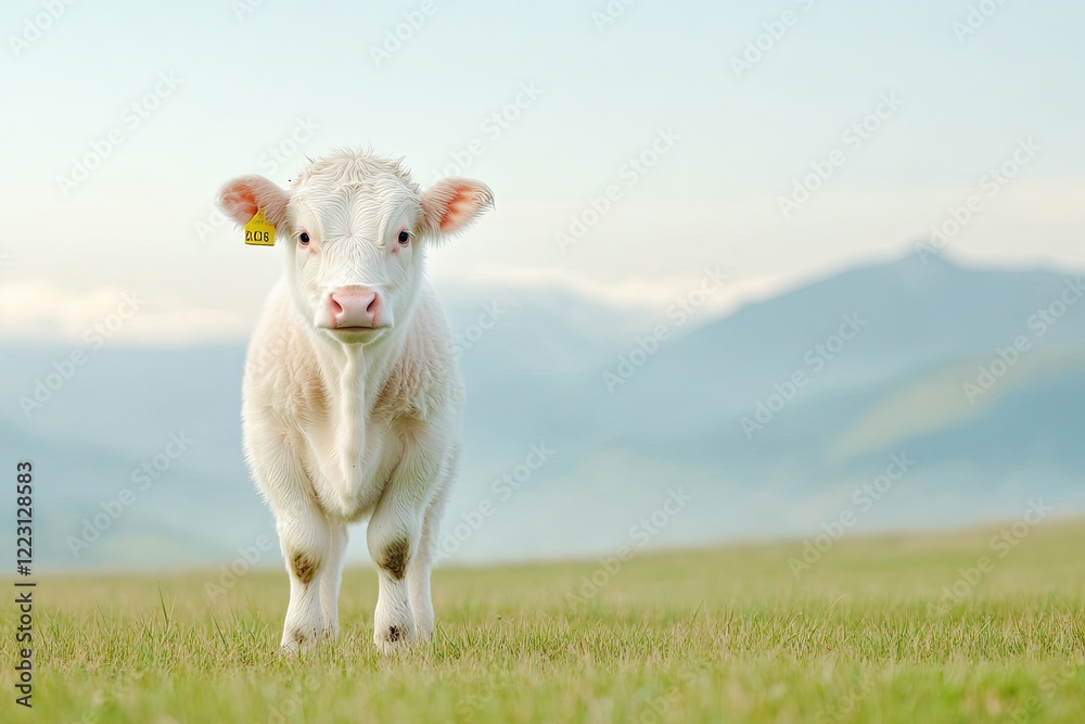 A young calf stands in a lush green meadow with mountains in the background at dawn A young calf stands in a lush green meadow with mountains in the background at dawn