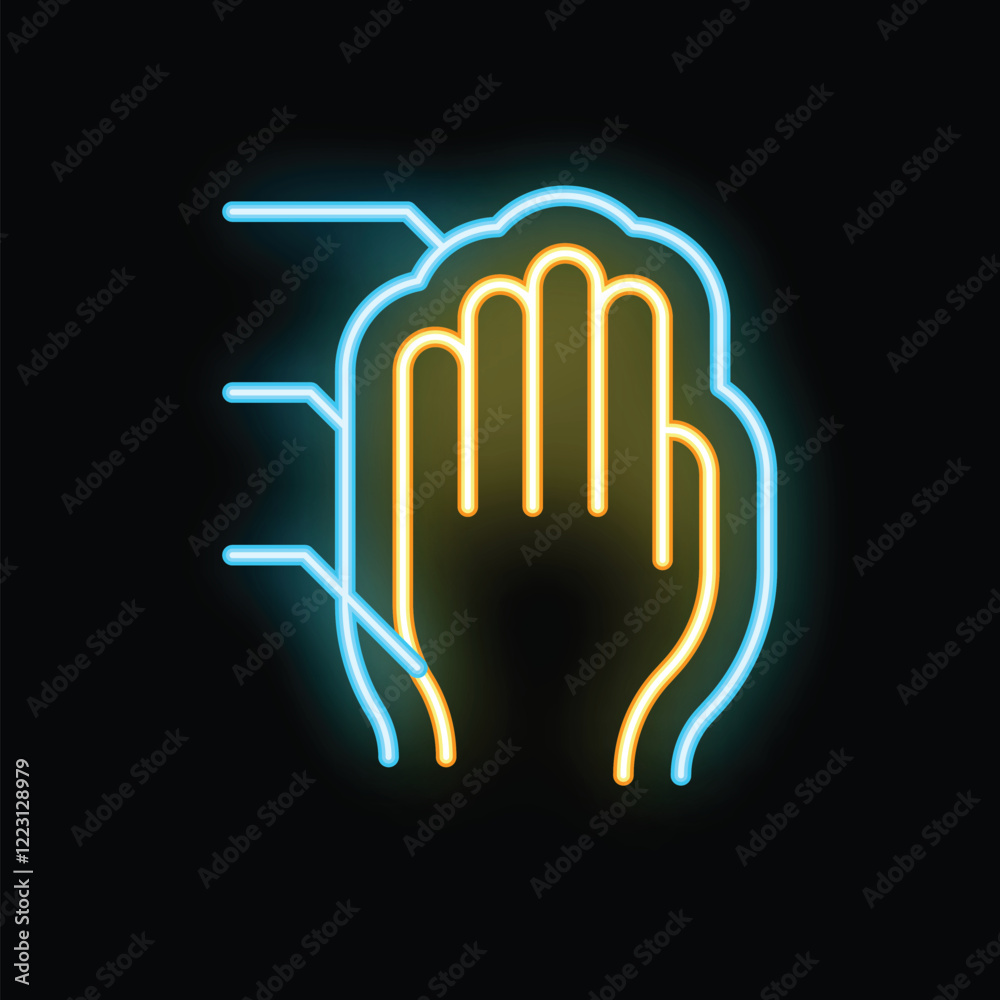 Obraz premium Neon icon of a hand being scanned for security purposes, representing biometric identification technology