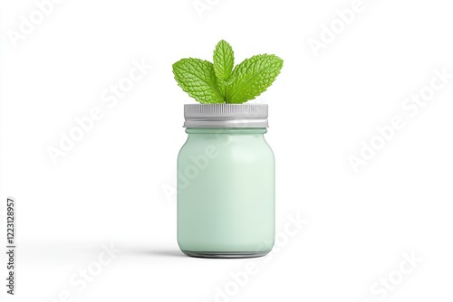 Mint leaves atop a pastel green jar, showcasing a refreshing beverage in a minimalist setting