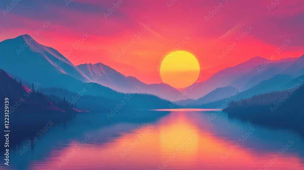Vibrant mountain sunset over serene lake with reflective water and colorful sky Vibrant mountain sunset over serene lake with reflective water and colorful sky