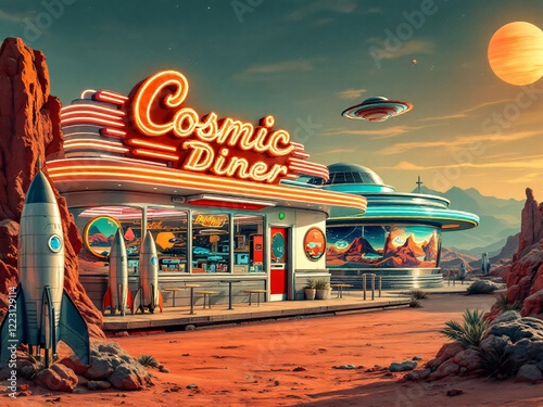 A retro-futuristic diner in space with neon signs, vintage cars, and alien elements under a starry night sky. photo