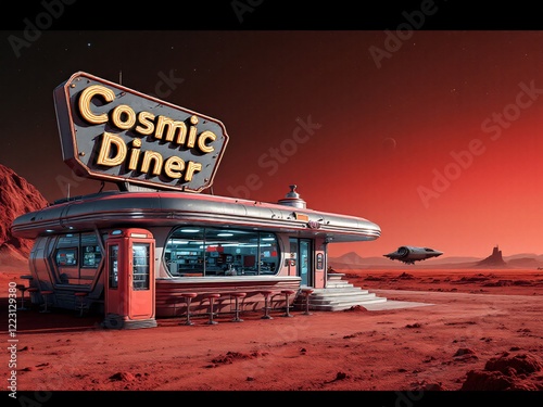 A retro-futuristic diner in space with neon signs, vintage cars, and alien elements under a starry night sky.
