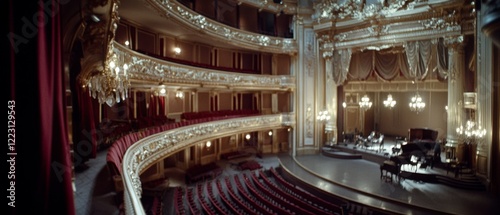 An ornate opera theater with opulent decor and red velvet seating is elegantly empty, awaiting its grand performance. photo