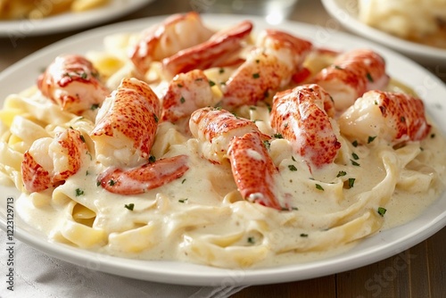 A decadent plate of fettuccine alfredo topped with tender chunks of lobster