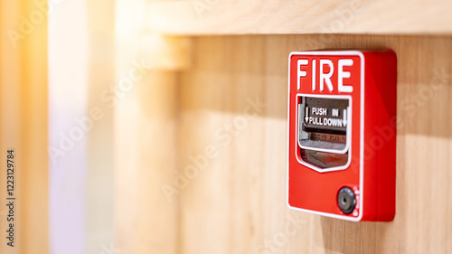 Red fire alarm switch mounted on wooden wall in the office interior. Fire warning system equipment for emergency and evacuation in public building