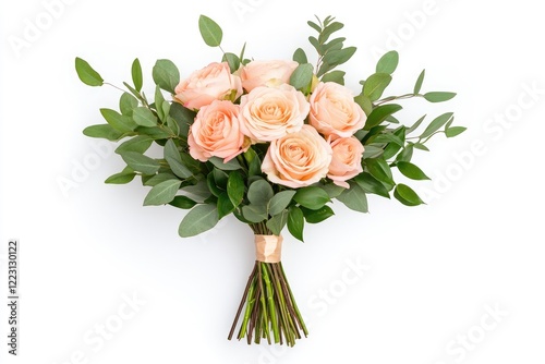A beautiful bouquet of soft peach roses surrounded by lush green leaves on a white background