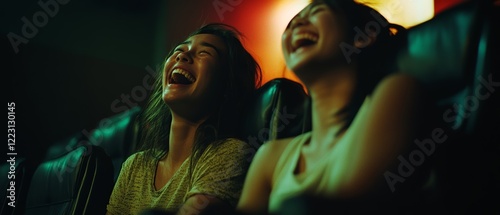 Two friends burst into laughter in a dimly lit cinema, the screen glow capturing their shared joy and connection in the moment.