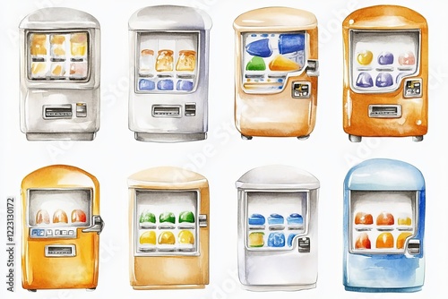 Colorful vending machines displaying various snacks and drinks in a lively urban setting