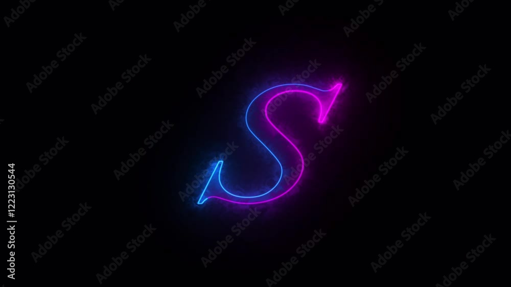 Letters of English alphabet on black background. Bright teal glass letter S in a 3D illustration with a glowing blue and Purple color and smooth glassy surface highlights in a libertine font on black Letters of English alphabet on black background. Bright teal glass letter S in a 3D illustration with a glowing blue and Purple color and smooth glassy surface highlights in a libertine font on black