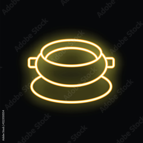 Yellow neon sign of a tea cup on a saucer with steam, isolated on black