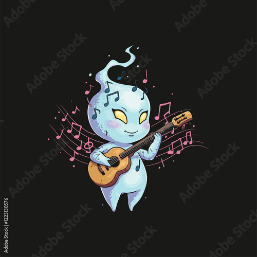 A charming spectral figure serenades with an acoustic guitar, musical notes swirling around.  A whimsical, enchanting scene full of ethereal charm.