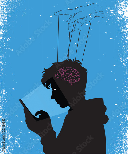 Mind manipulation. Head brain control silhouette vector illustration, human thought authority manipulating threads, man think power slave concept on grunge blue background for t shirt, poster, banner.