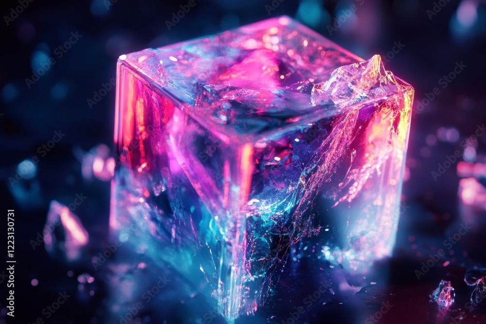 Colorful ice cube with illuminated reflections and bright hues
