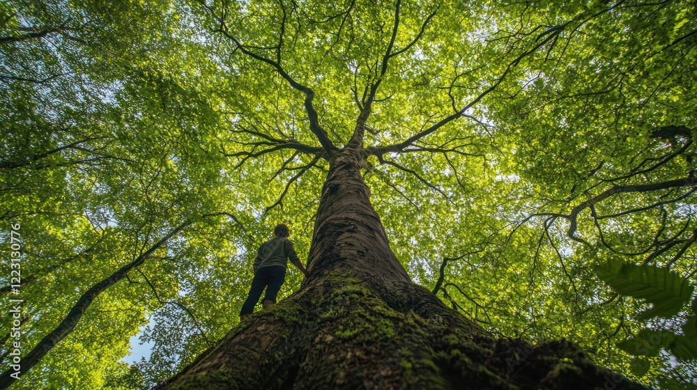 Naklejka premium A person standing at the base of a giant tree, looking up in awe at its height