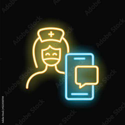Neon glowing icon of a nurse wearing a medical mask using a smartphone for messaging