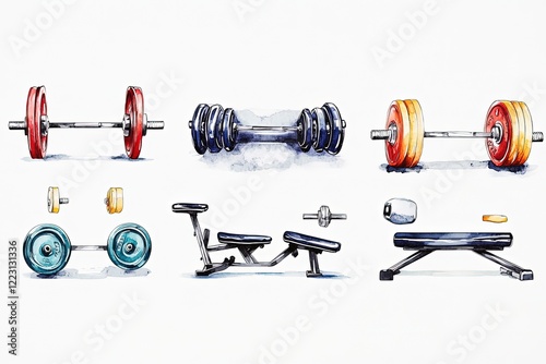 Various gym equipment illustrations showcasing weights, benches, and fitness tools for workouts