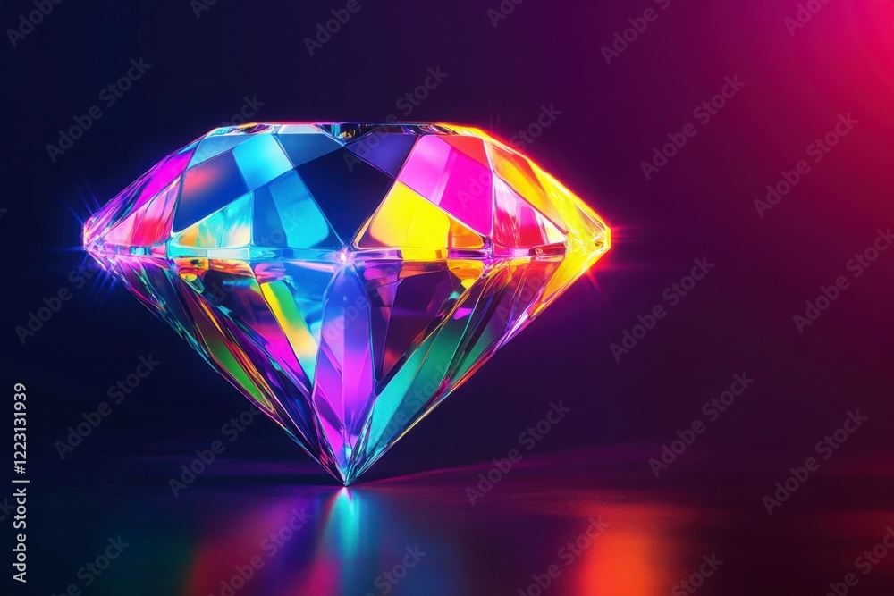 Vibrant Colorful Diamond on Dark Surface with Light Reflections Vibrant Colorful Diamond on Dark Surface with Light Reflections