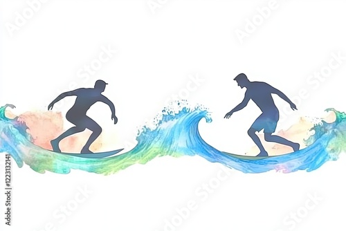 Two surfers riding colorful waves in a vibrant, abstract ocean scene, capturing the essence of summer fun