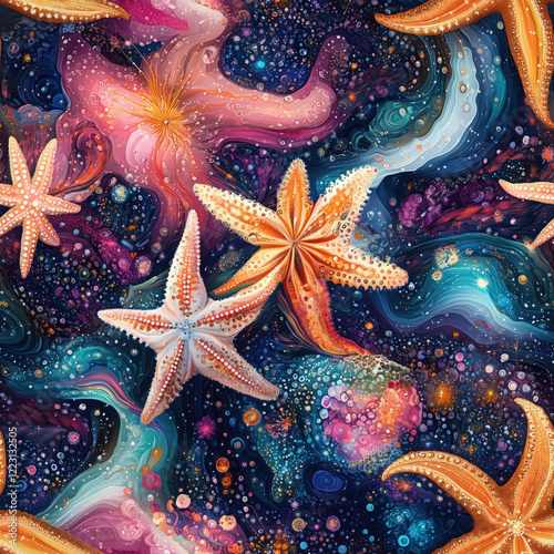 Colorful starfish in a cosmic underwater scene with vibrant swirls and rich textures