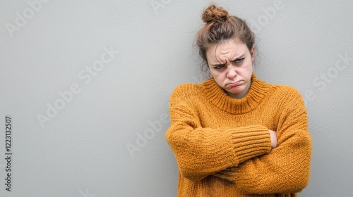 A person with a grumpy expression, crossing their arms in annoyance photo