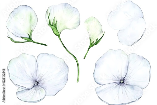 Delicate white flowers with various stages of bloom against a clean background, ideal for botanical illustrations