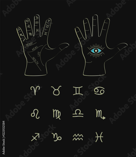 Mystical Zodiac Golden Palm Vector Set