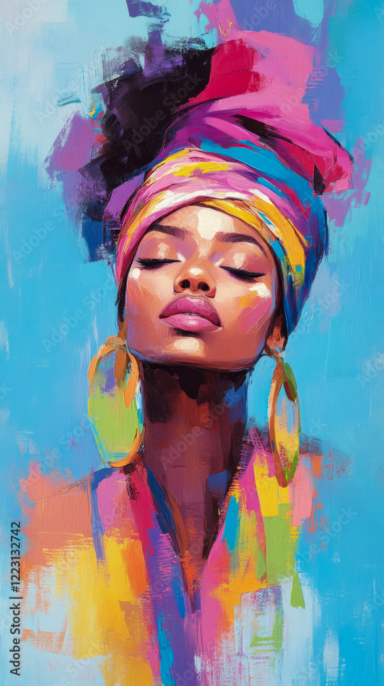 Fototapeta premium Vibrant Abstract Portrait of a Woman in Headwrap with Large Earrings