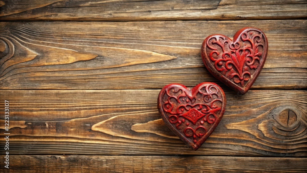 Whimsical wooden background with two red hearts adorned with intricate carvings and subtle patina, evoking a sense of warmth and nostalgia, red, decor