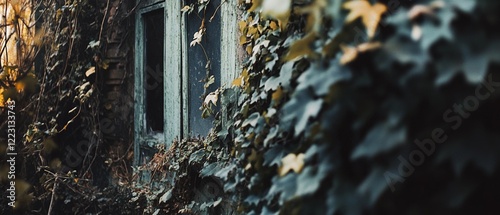 An old, ivy-covered window whispers tales of forgotten times, as the lush green foliage slowly reclaims the building. photo