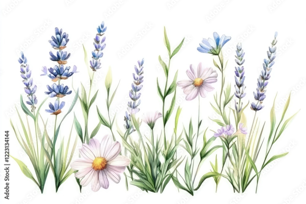 Naklejka premium Vibrant watercolor illustration of various wildflowers in a lush green setting, showcasing nature's beauty