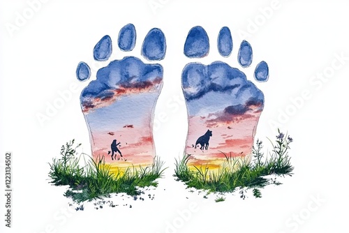 Artistic depiction of animal footprints with sunset and nature scene, symbolizing adventure