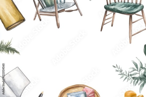 Cozy interior scene featuring various chairs, a notebook, and decorative elements in a bright setting