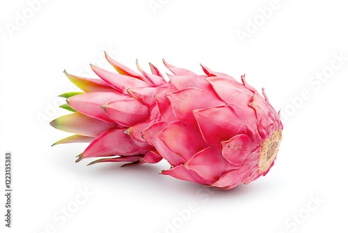 Vibrant pink dragon fruit resting on a clean white surface, showcasing its unique texture and shape