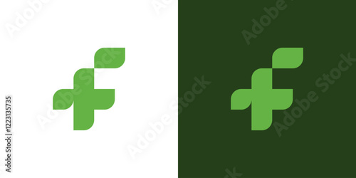 F Letter Logo Design Concept With Medical Cross And Leaf