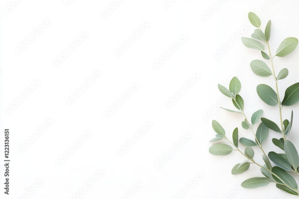 Obraz premium Fresh green leaves arranged artistically on a white background, creating a serene and calming atmosphere