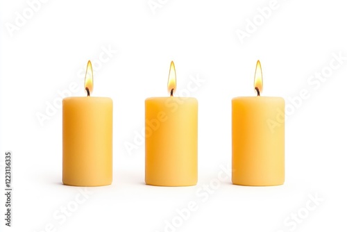Three lit yellow candles arranged symmetrically on a white background, creating a serene atmosphere