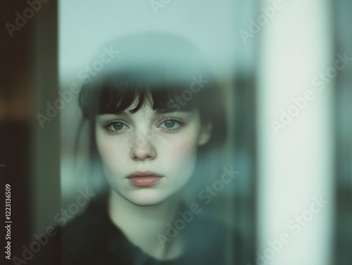 A striking image of a girl gazing through a foggy glass, her melancholic expression creating a poetic interplay between her inner thoughts and the blurred reality outside. photo