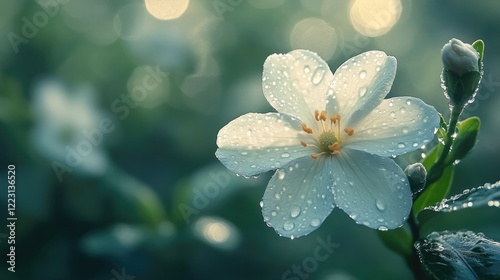 Delicate white flower adorned with dew, surrounded by soft green