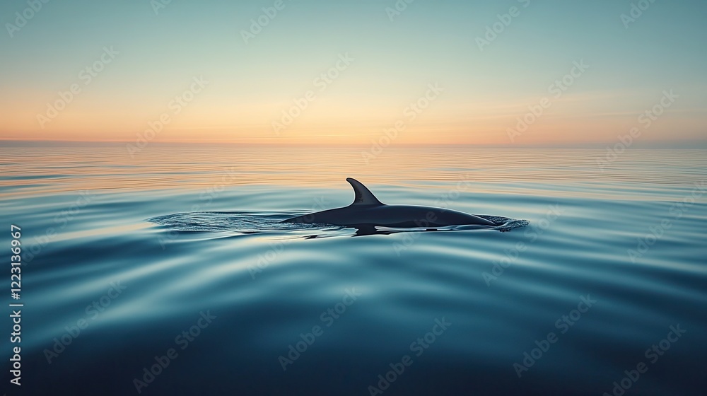 Fototapeta premium Fin of dolphin breaks through tranquil waters at sunset, creatin