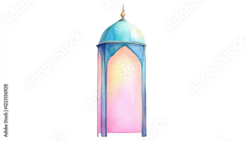 Colorful watercolor lantern with intricate design, glowing softly, set against a white background