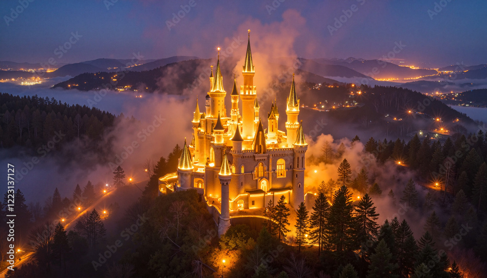 Fototapeta premium Glowing castle in misty forest at twilight, magical enchantment