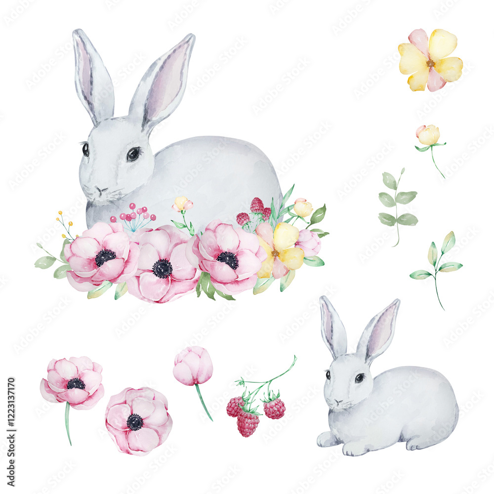 Obraz premium Watercolor Easter white Rabbit with spring flowers
