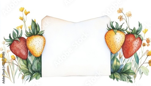 Colorful watercolor illustration of strawberries and flowers framing a blank space for text