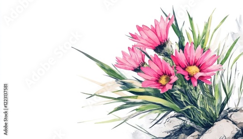 Vibrant pink flowers blooming from rocky terrain, showcasing nature's resilience and beauty