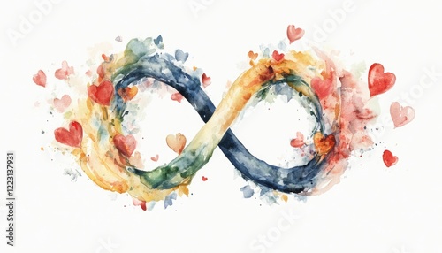 Colorful infinity symbol surrounded by vibrant hearts, representing love and unity in a whimsical style