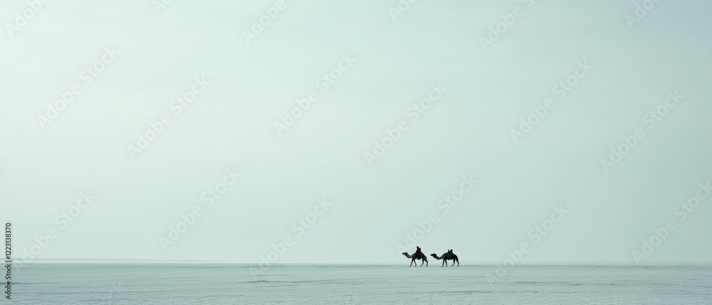 Fototapeta premium Distant figures on horseback traverse a vast, barren landscape under a pale sky, evoking a sense of solitude and timeless adventure.