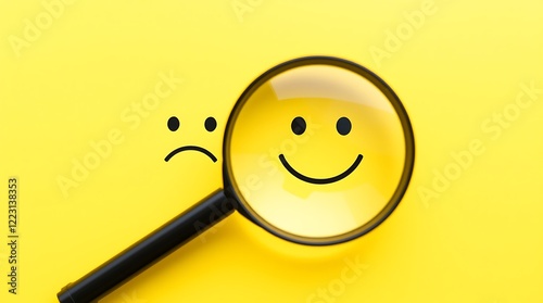Searching for Positivity – Customer Service Satisfaction Feedback Concept with Magnifying Glass Over Smiley Face