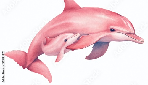 A mother dolphin swimming gracefully with her calf in a serene ocean setting